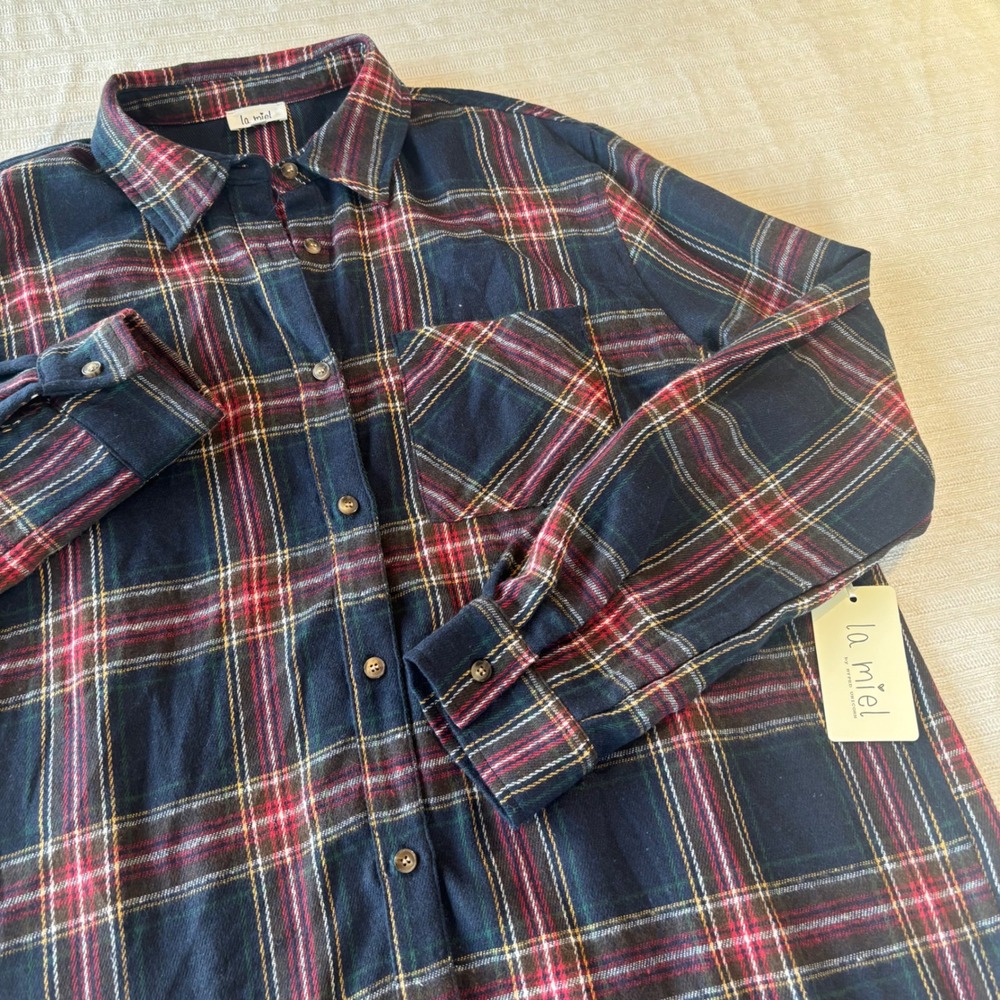 La Miel Navy Red Plaid Button Down Shirt SRT7807 Flannel Long Sleeve Medium NEW